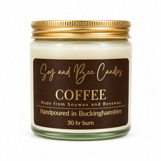 Soy and Bee Candles coffee scented candle with a gold lid on a white background