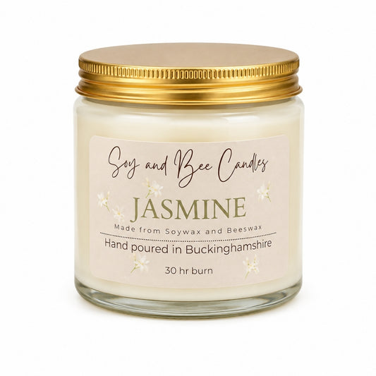 Soy and Bee Candles Jasmine candle with gold lid on a white background