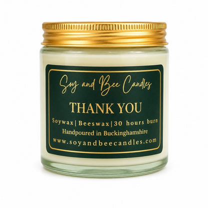Soy and Bee Candles jar with gold lid and label on a white background